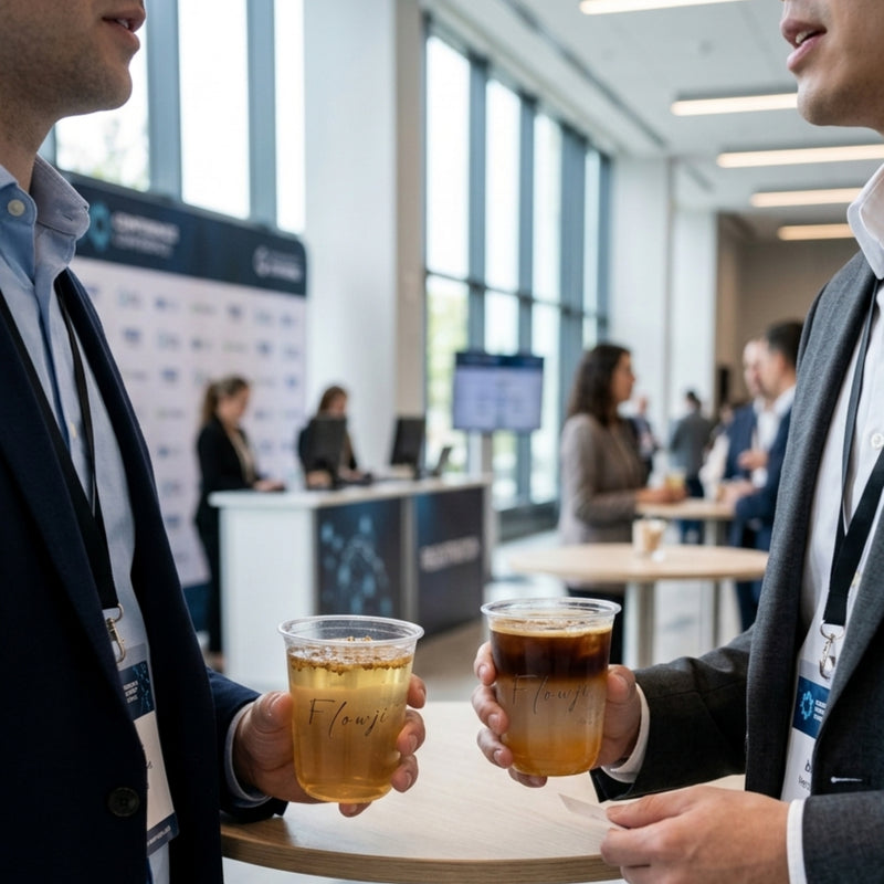 Two male professionals in business attire conversing while holding clear plastic cups of "Flowji" drinks at a corporate conference. The person on the left wears a dark navy blazer and holds a clear, golden-amber beverage with small botanicals floating on top. The person on the right wears a grey blazer and holds a layered iced coffee drink with a dark espresso top and a lighter citrus or juice base. Both wear conference lanyards. The bright, modern convention center background features registration desks, d