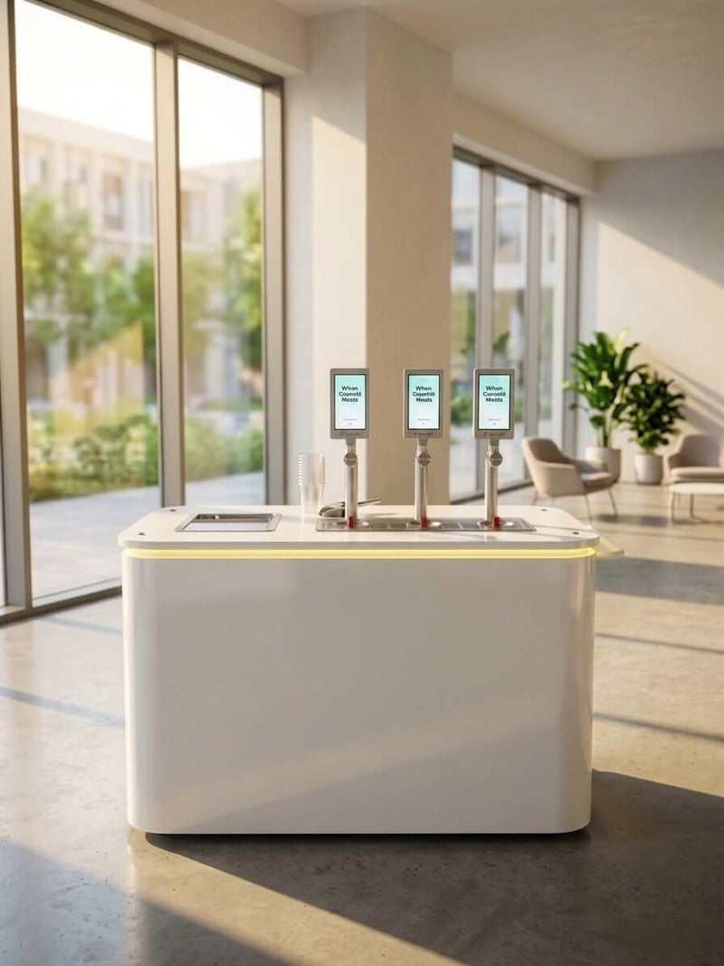 Flowji compact popup drink cart with automated dispensing taps, designed for offices, exhibitions, and small events.