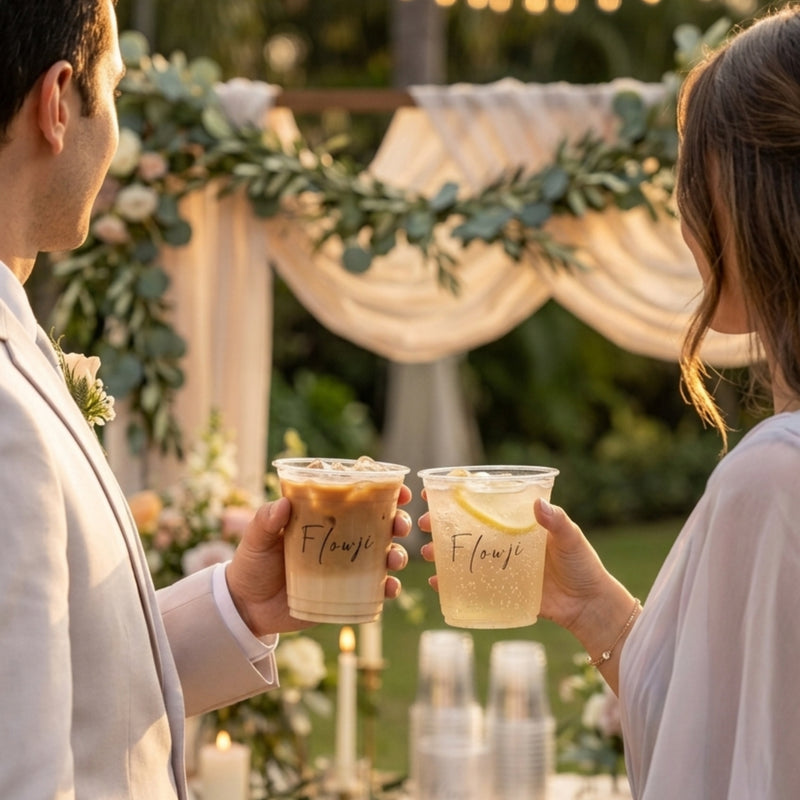 A bride and groom seen from behind, holding up two clear plastic cups from "Flowji" in a toast at an outdoor wedding. The groom on the left wears a light-colored suit and holds an iced latte-style drink. The bride on the right holds a clear, bubbly beverage garnished with a lemon slice. An elegant floral wedding arch and soft evening lighting form the blurred background.
