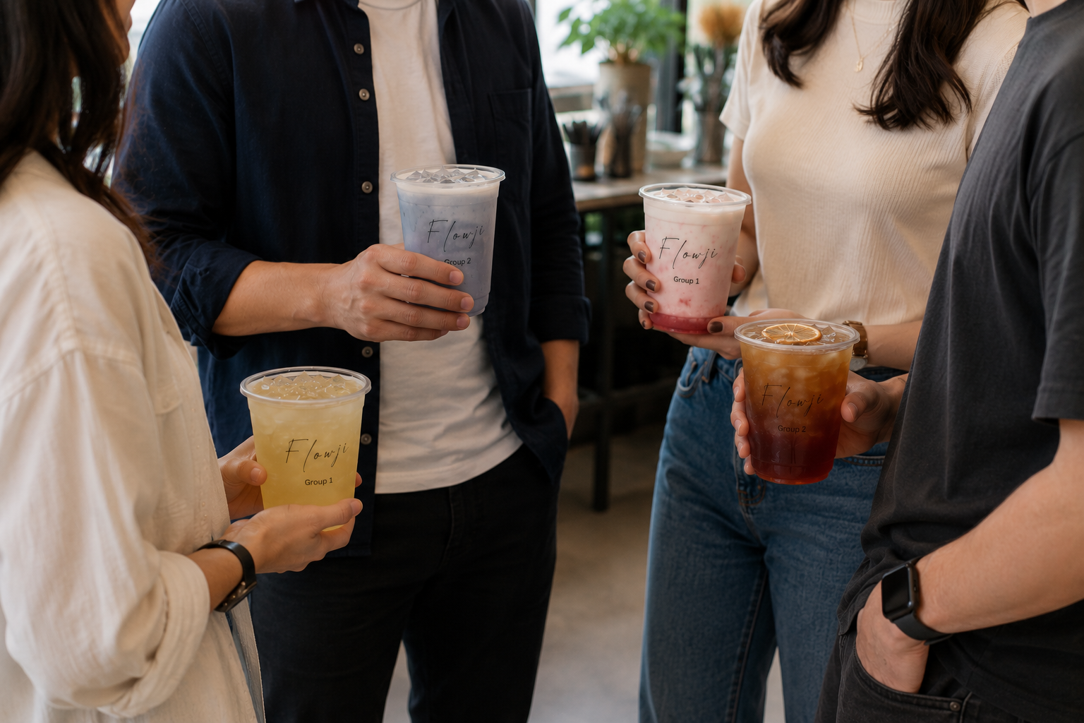 Several people standing indoors and holding clear plastic cups with group drink labels. 