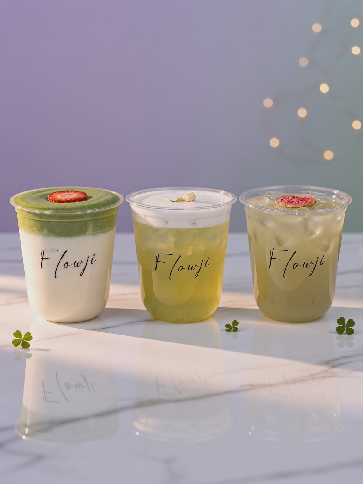 Flowji elegant product video featuring a traveling beam of sunlight illuminating three specialty drinks sitting completely still on marble. The row includes a layered matcha green tea drink topped with a strawberry slice, a clear light-green tea with a thick white cheese foam cap and jasmine bud, and a refreshing pale yellow iced drink topped with a dried citrus slice. Sprigs of lavender sit on the table against a soft lavender-green gradient wall.
